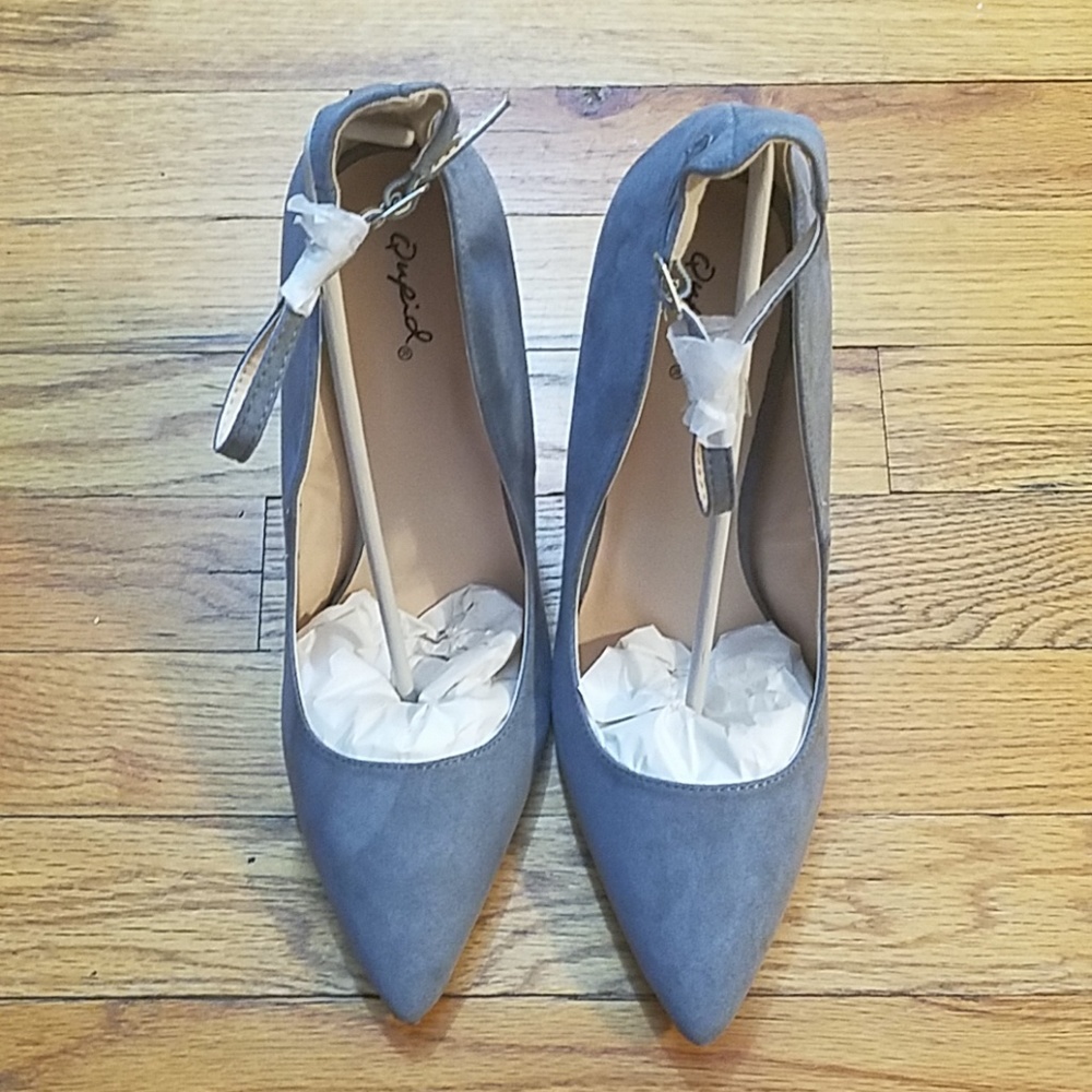 Grey Ankle Strap Pointed Stilettos